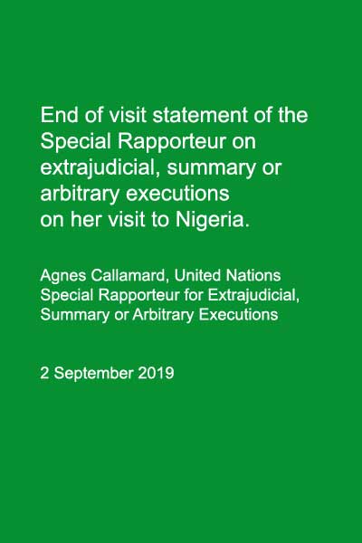 Read more about the article End of visit statement of the Special Rapporteur on extrajudicial, summary or arbitrary executions on her visit to Nigeria